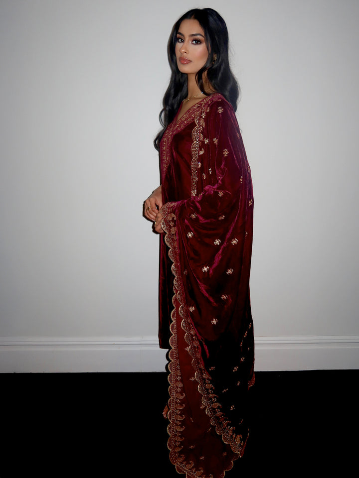 Burgundy Yoke Design Velvet Straight Suit With Dupatta