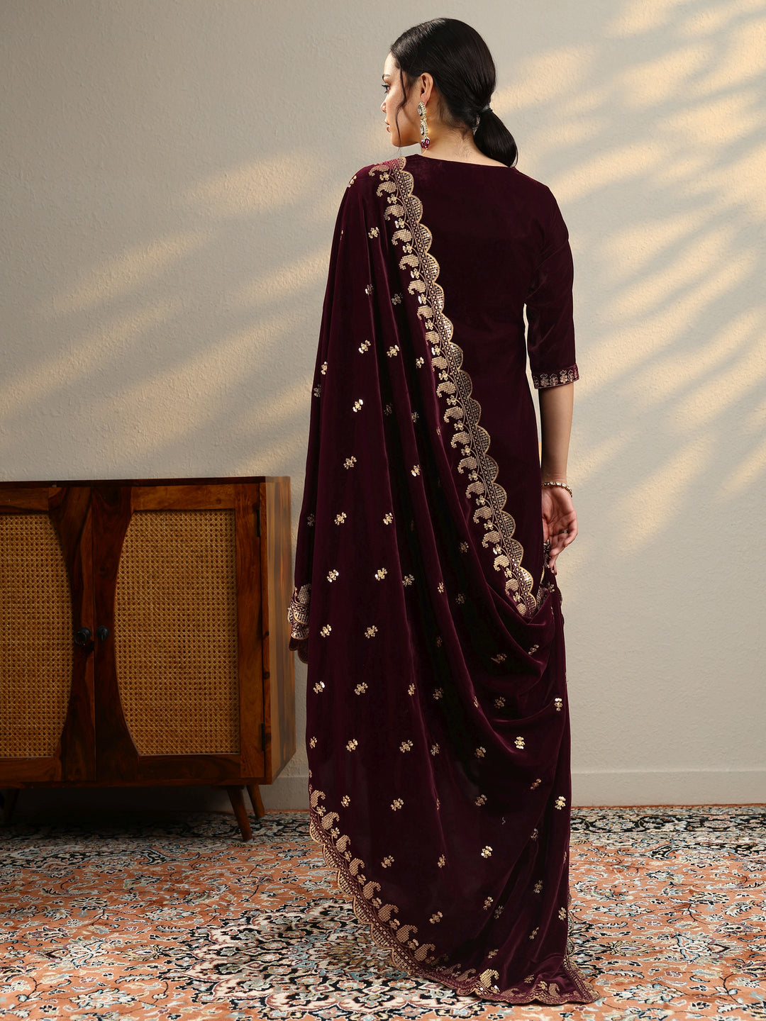 Burgundy Yoke Design Velvet Straight Suit With Dupatta