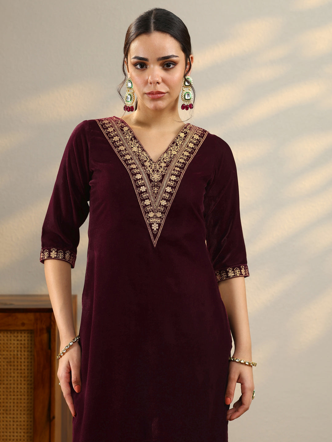 Burgundy Yoke Design Velvet Straight Suit With Dupatta