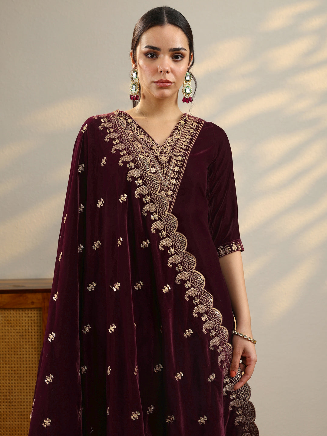 Burgundy Yoke Design Velvet Straight Suit With Dupatta