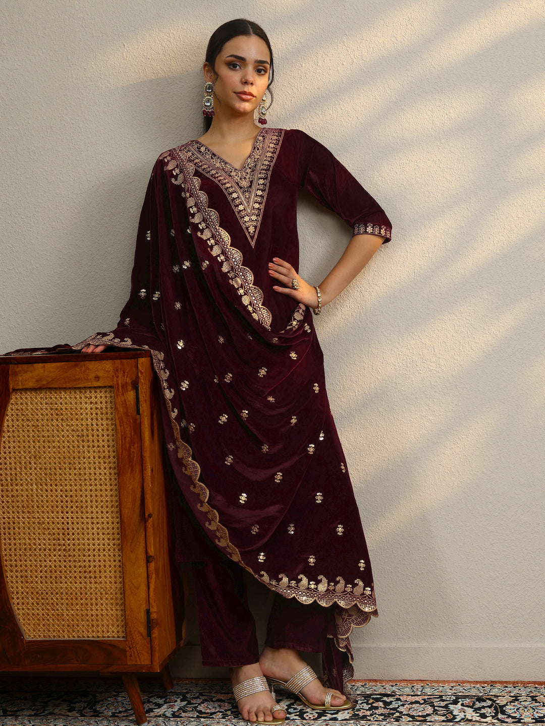 Burgundy Yoke Design Velvet Straight Suit With Dupatta