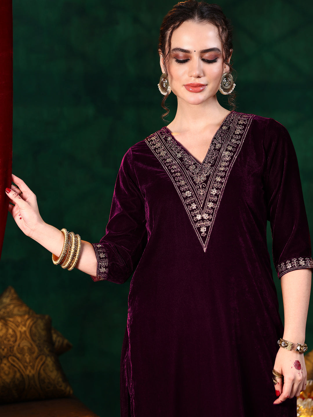 Burgundy Yoke Design Velvet Straight Suit With Dupatta