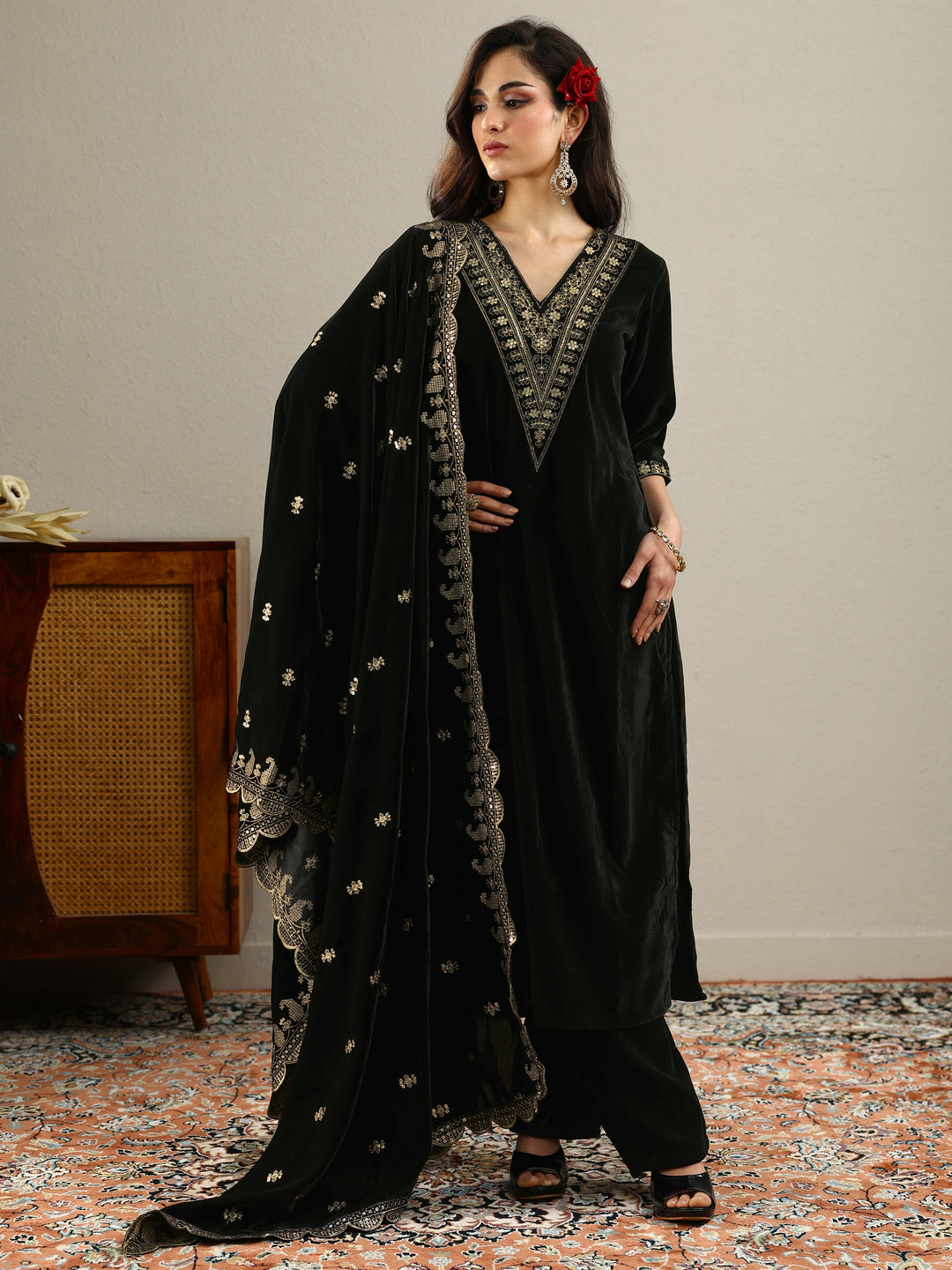 Black Yoke Design Velvet Straight Suit With Dupatta