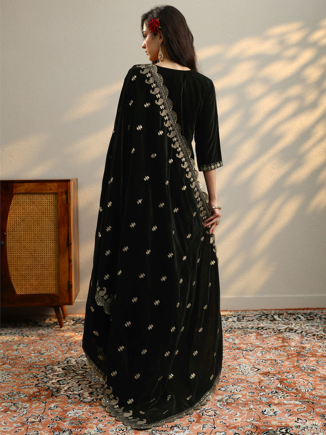 Black Yoke Design Velvet Straight Suit With Dupatta