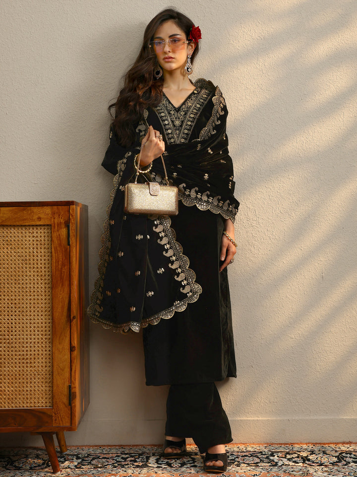 Black Yoke Design Velvet Straight Suit With Dupatta