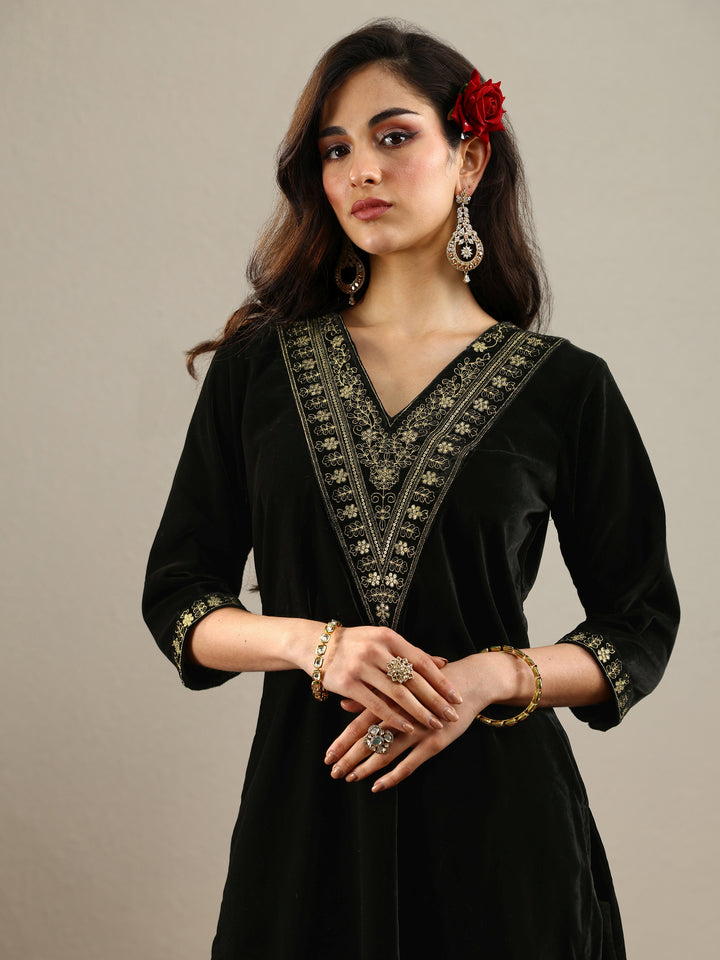 Black Yoke Design Velvet Straight Suit With Dupatta