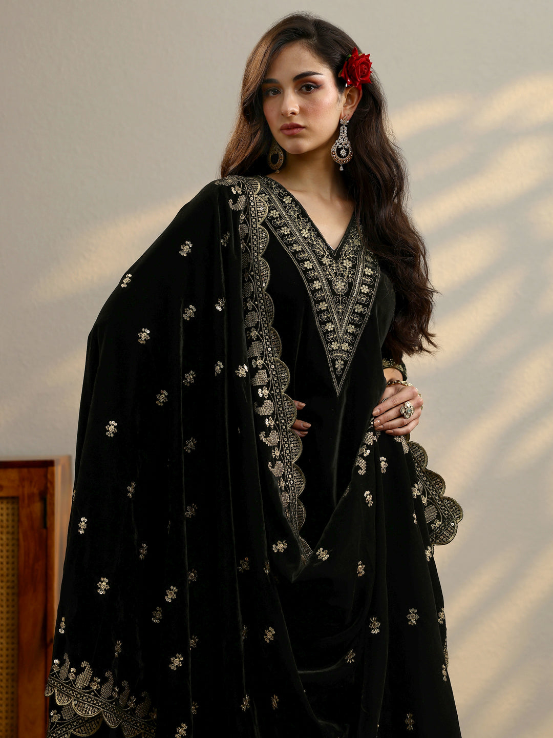 Black Yoke Design Velvet Straight Suit With Dupatta