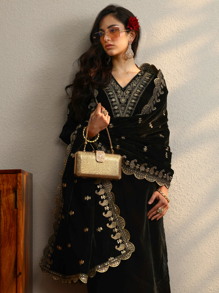 Black Yoke Design Velvet Straight Suit With Dupatta