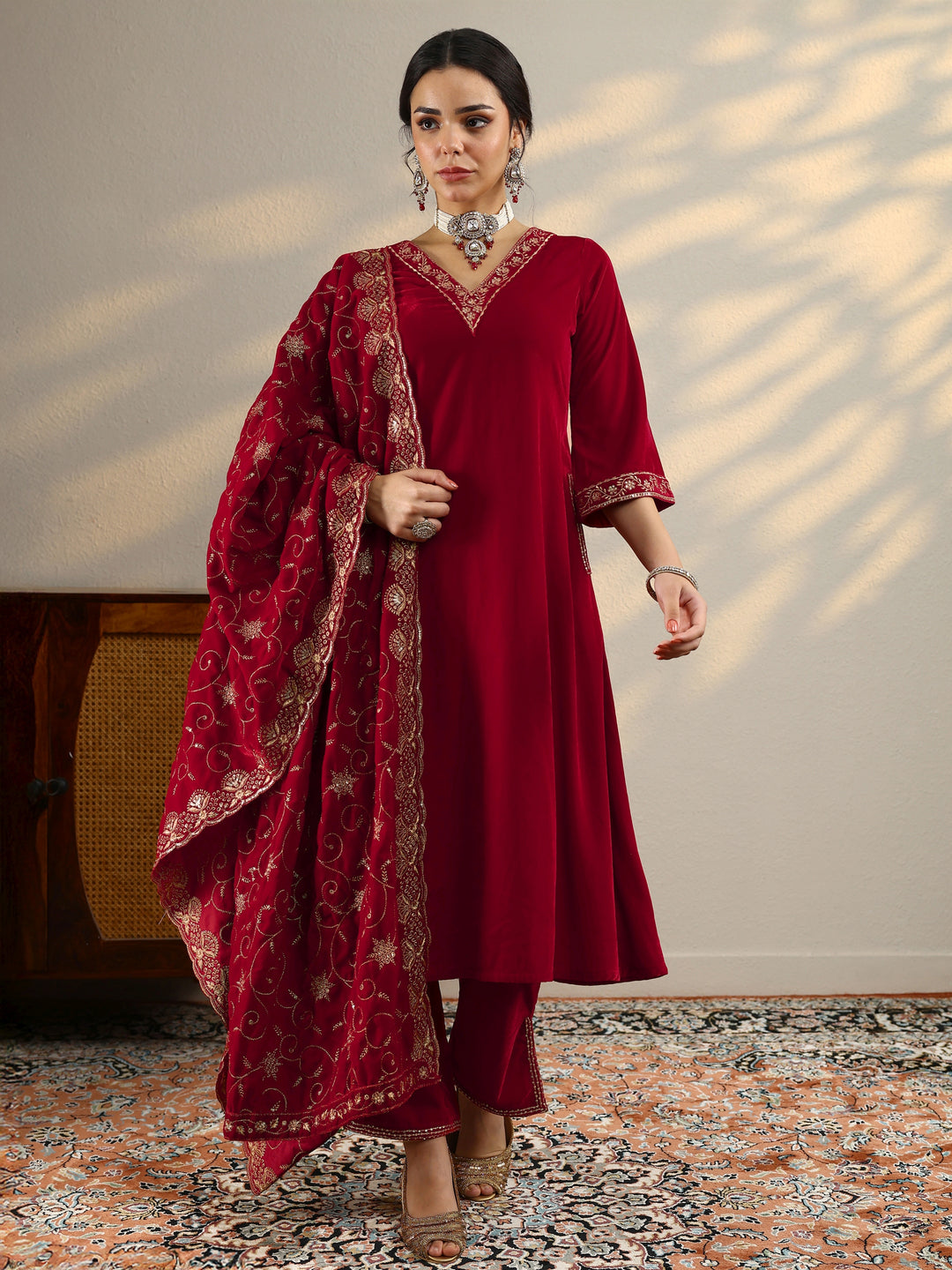 Red Yoke Design Velvet A-Line Kurta With Trousers & Dupatta