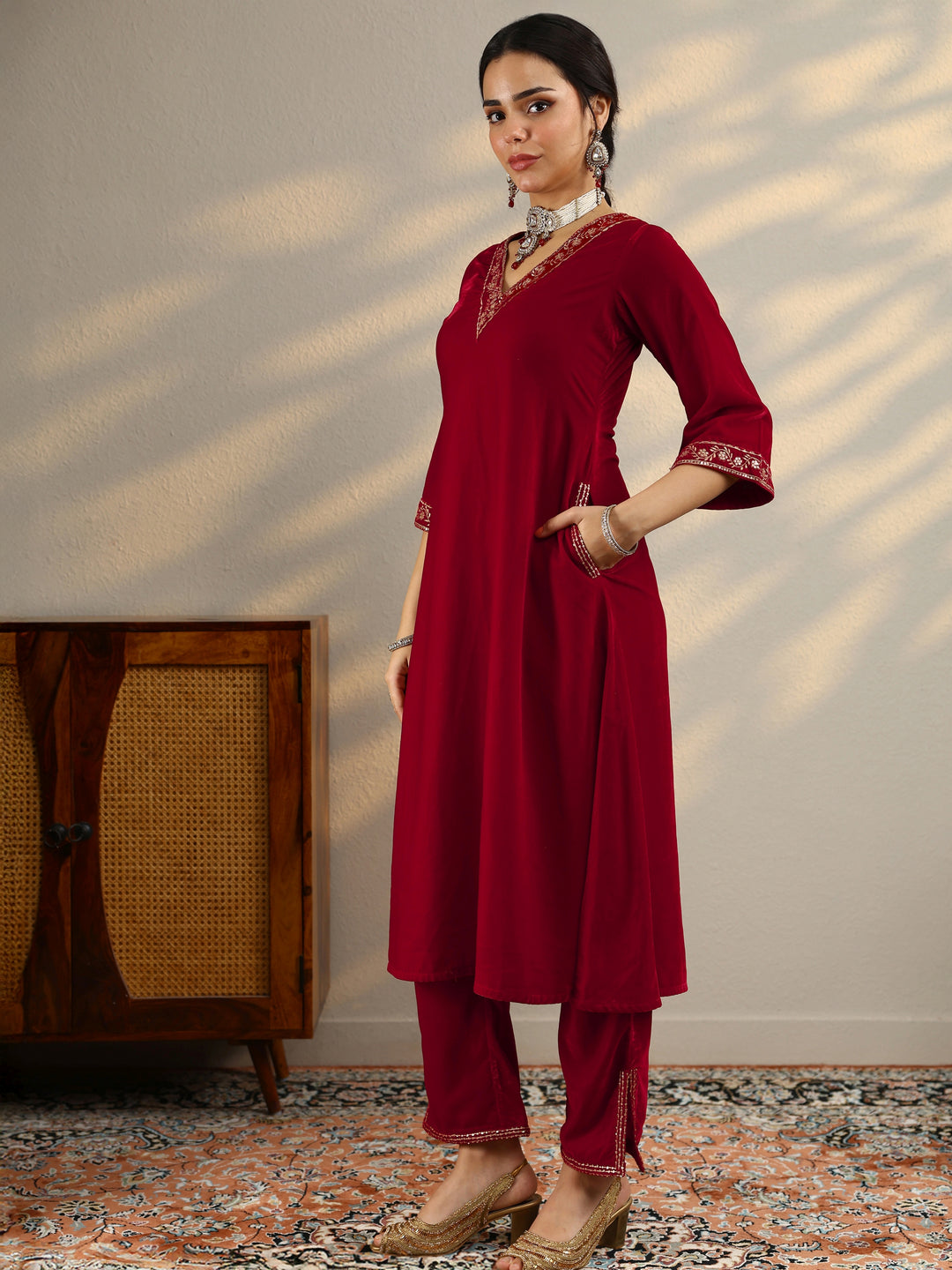 Red Yoke Design Velvet A-Line Kurta With Trousers & Dupatta