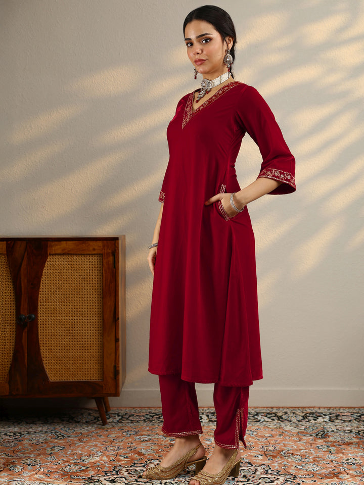 Red Yoke Design Velvet A-Line Kurta With Trousers & Dupatta