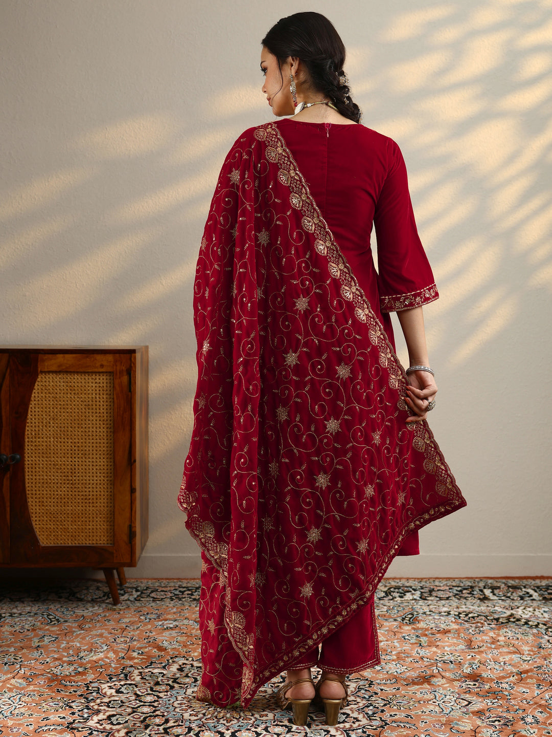 Red Yoke Design Velvet A-Line Kurta With Trousers & Dupatta