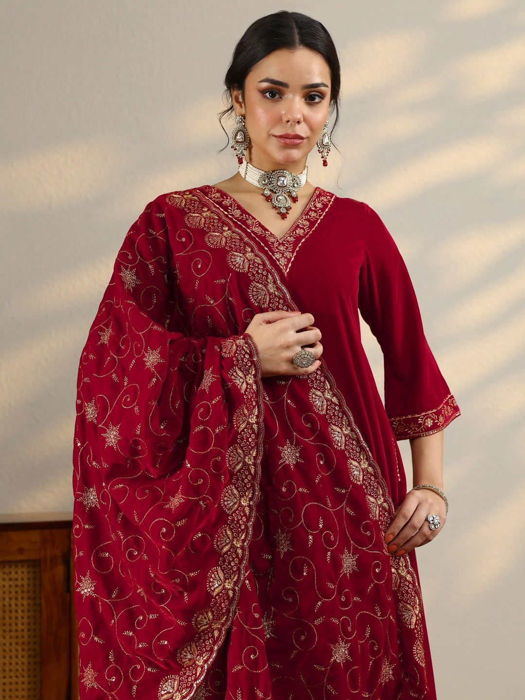 Red Yoke Design Velvet A-Line Kurta With Trousers & Dupatta