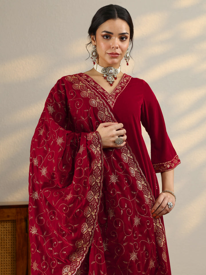 Red Yoke Design Velvet A-Line Kurta With Trousers & Dupatta