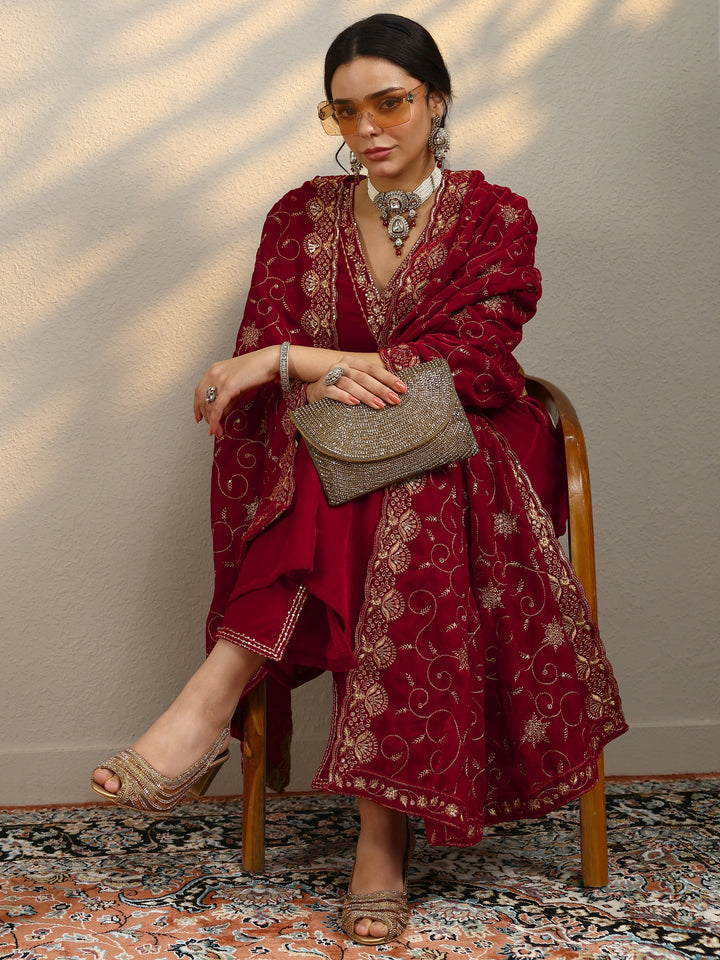 Red Yoke Design Velvet A-Line Kurta With Trousers & Dupatta
