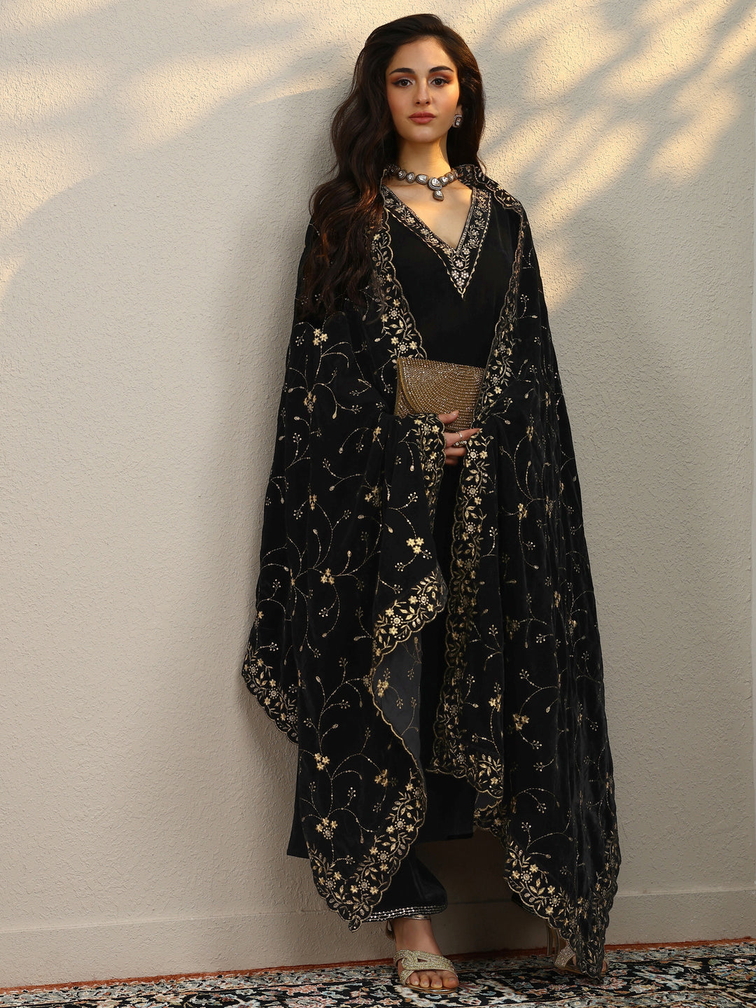 Black Yoke Design Velvet A-Line Kurta With Trousers & Dupatta