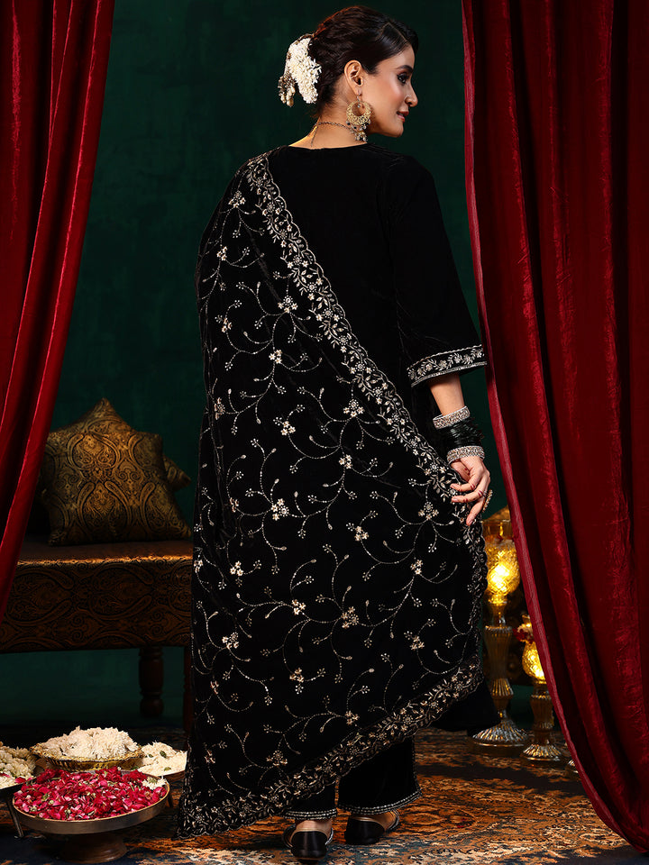 Black Yoke Design Velvet A-Line Kurta With Trousers & Dupatta
