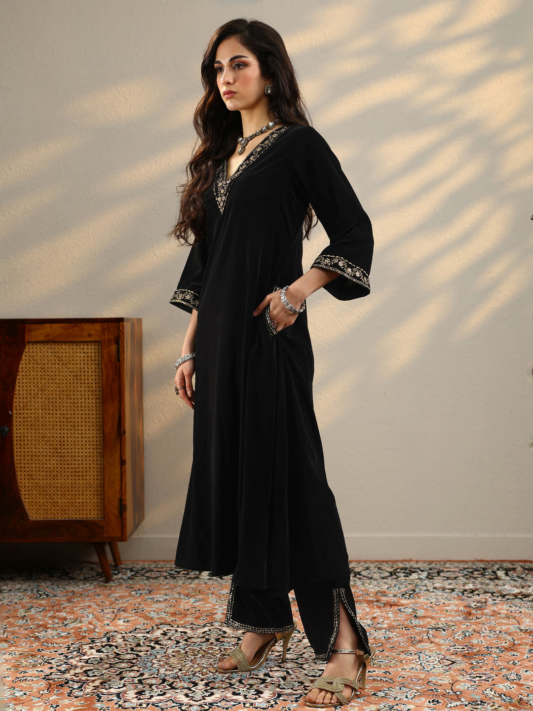 Black Yoke Design Velvet A-Line Kurta With Trousers & Dupatta