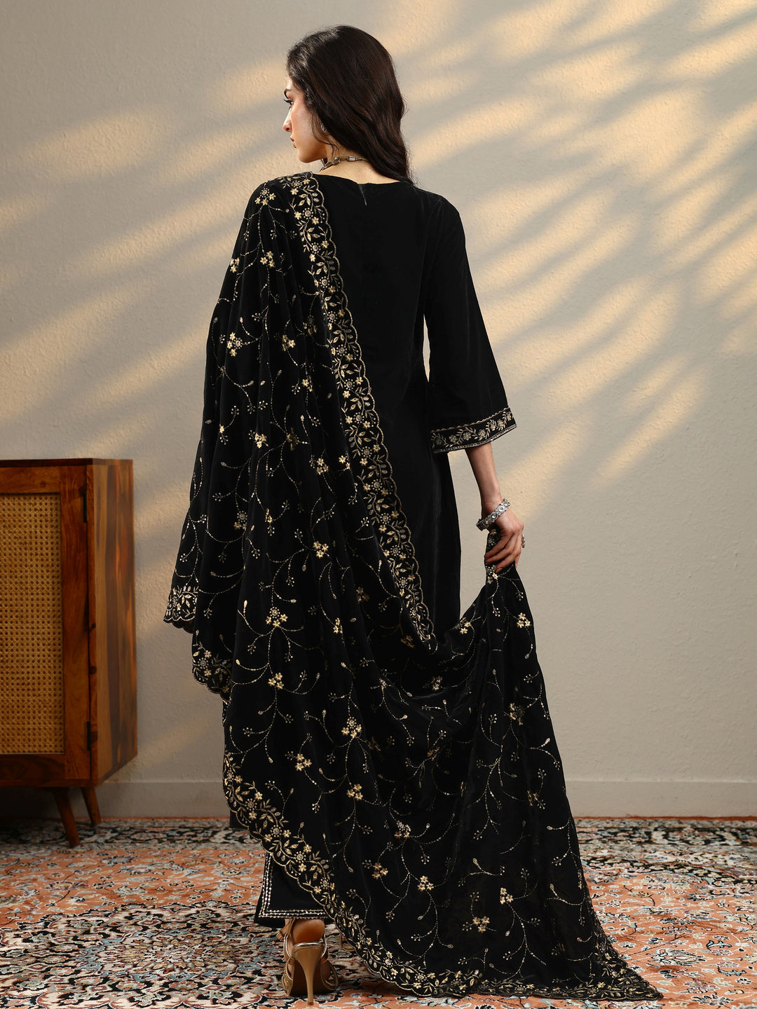 Black Yoke Design Velvet A-Line Kurta With Trousers & Dupatta