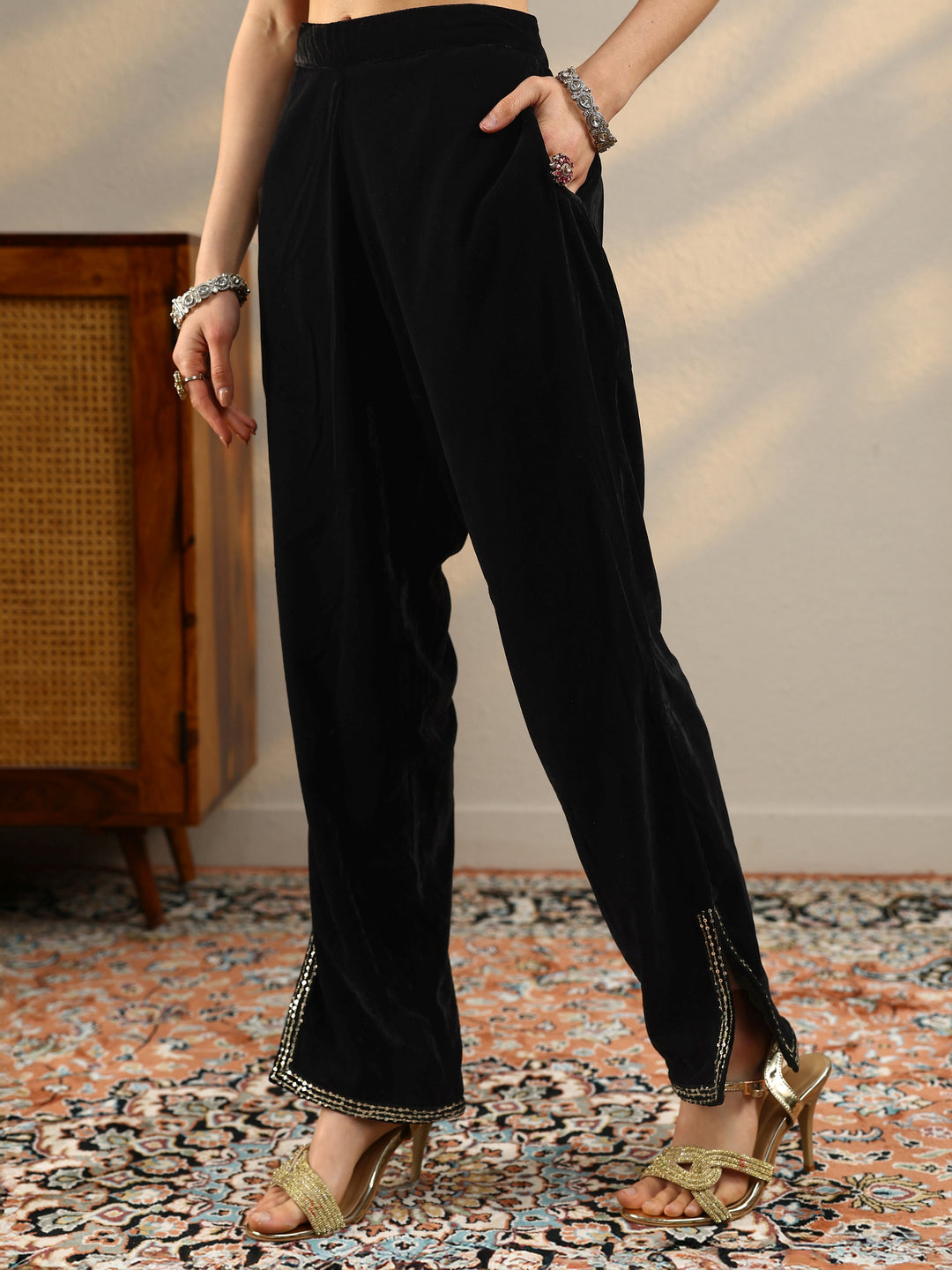 Black Yoke Design Velvet A-Line Kurta With Trousers & Dupatta