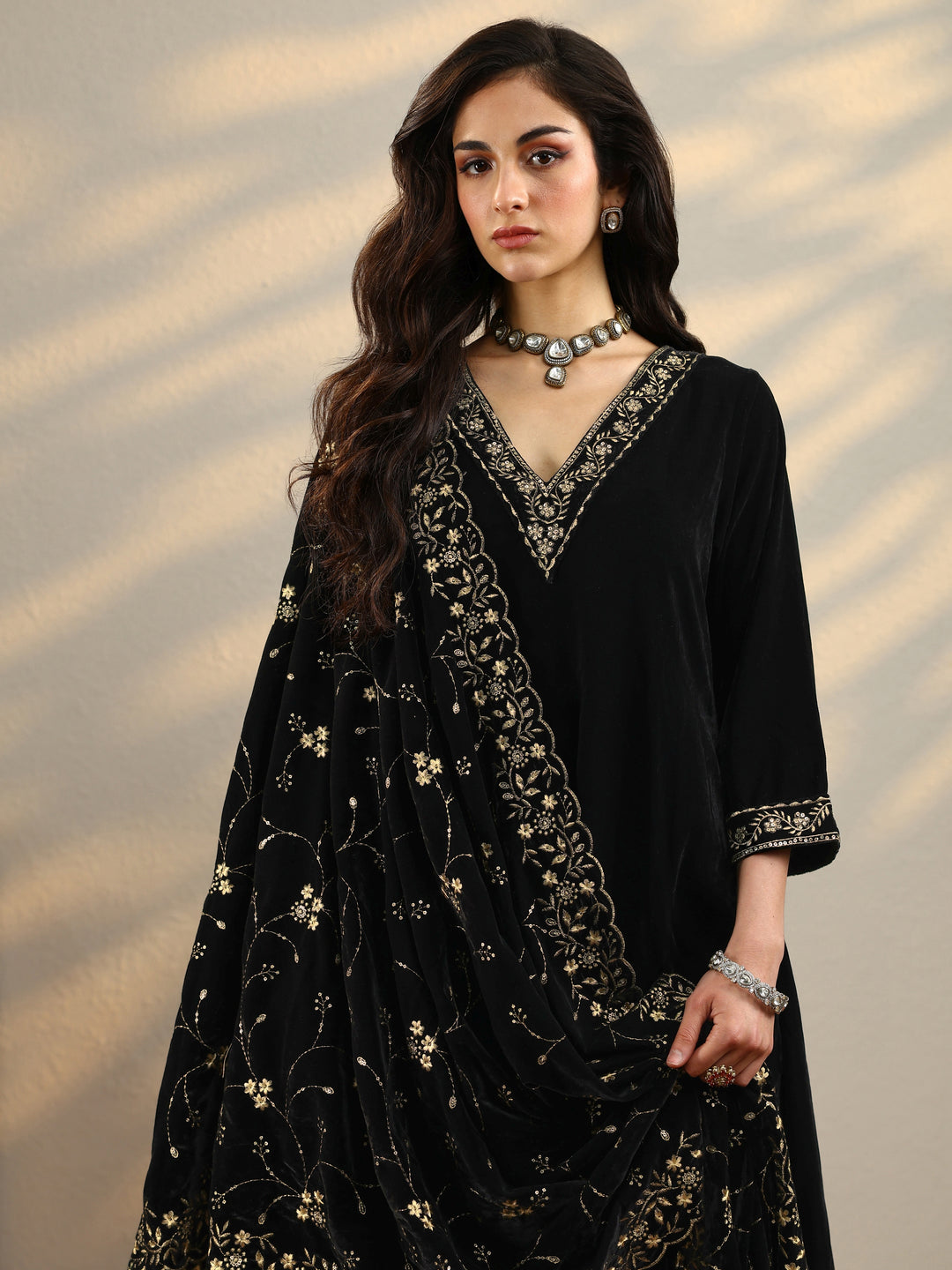 Black Yoke Design Velvet A-Line Kurta With Trousers & Dupatta