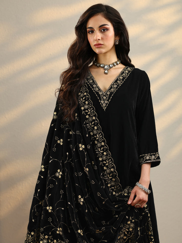 Black Yoke Design Velvet A-Line Kurta With Trousers & Dupatta