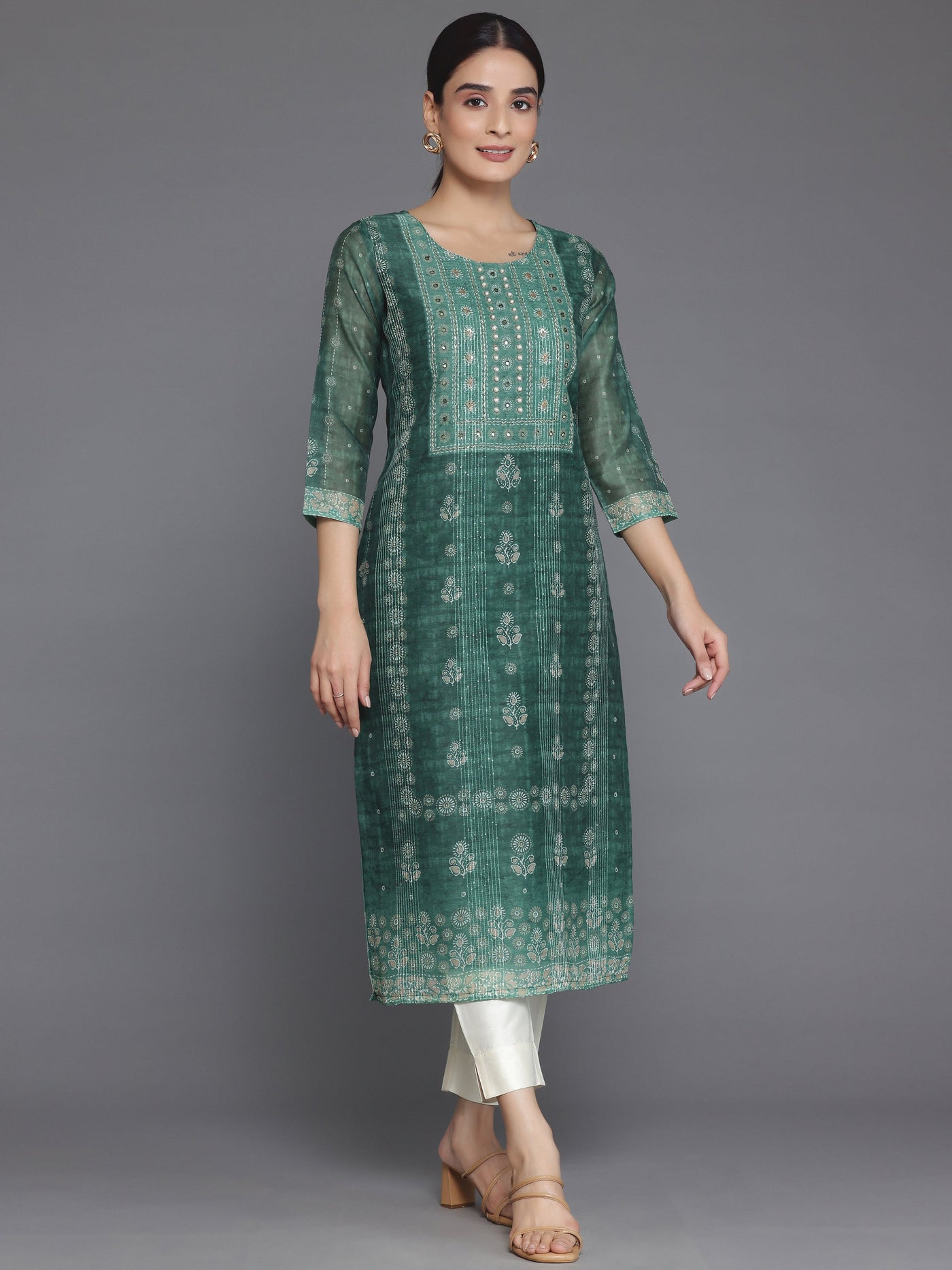 Green Embellished Chanderi Silk Straight Kurta