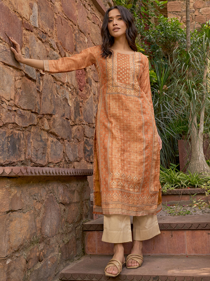 Mustard Embellished Chanderi Silk Straight Kurta