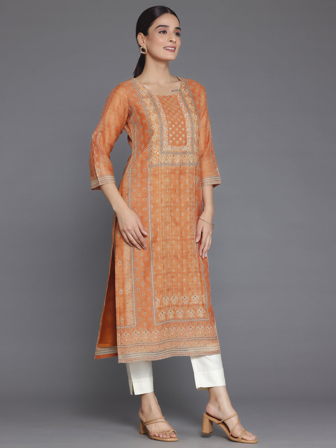 Mustard Embellished Chanderi Silk Straight Kurta