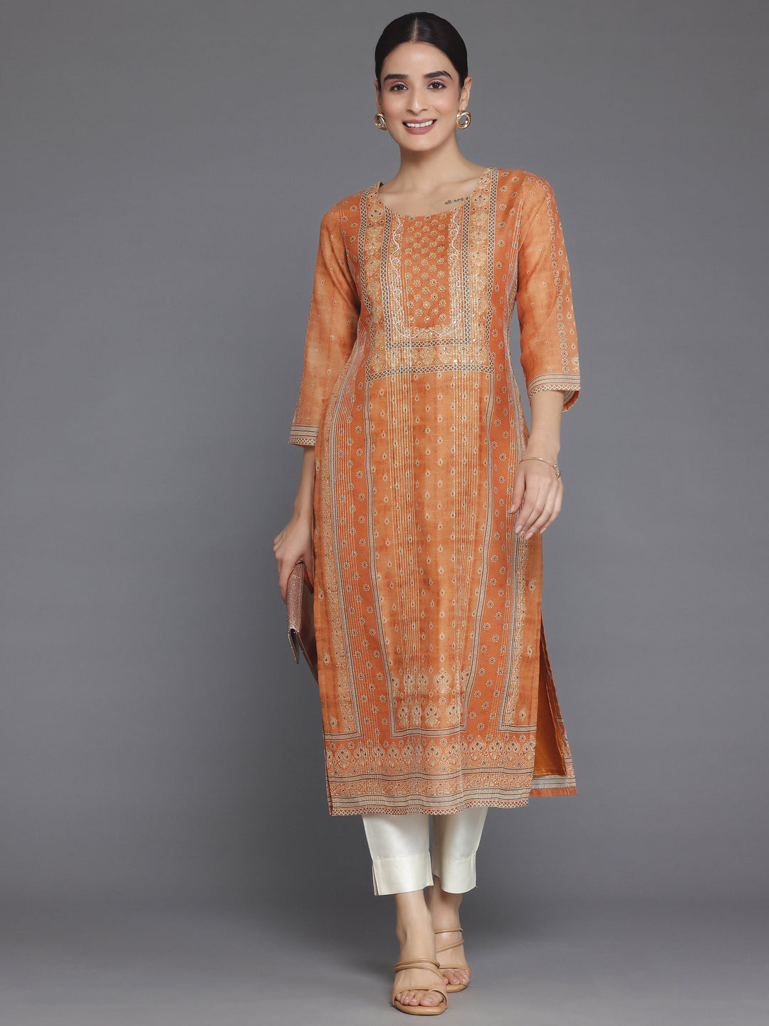 Mustard Embellished Chanderi Silk Straight Kurta