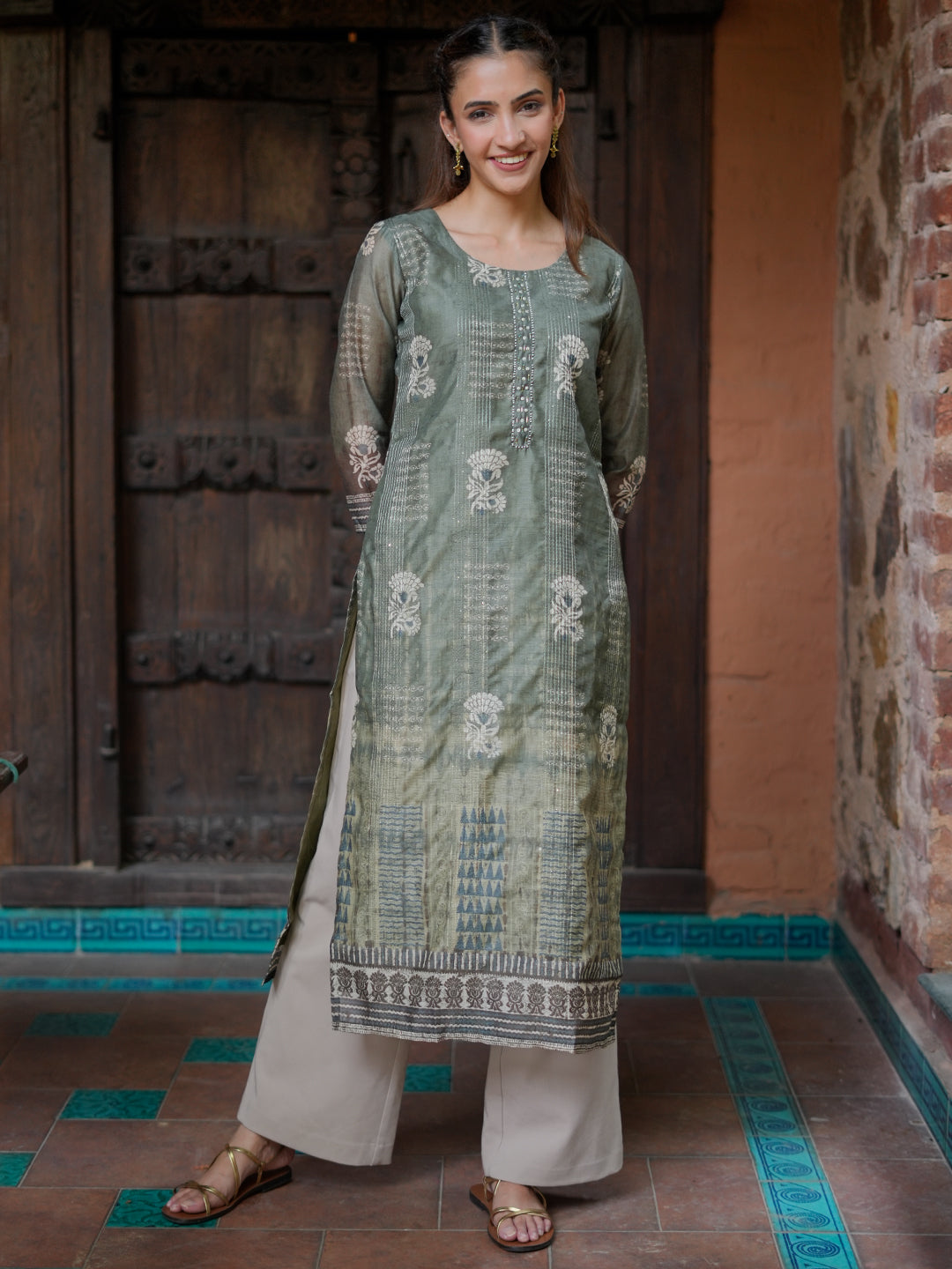 Olive Embellished Chanderi Silk Straight Kurta