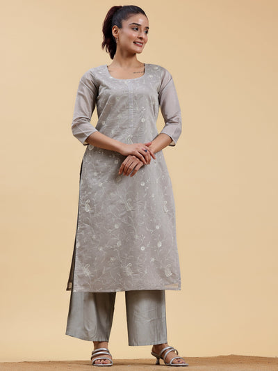 Grey Embroidered Chanderi Silk Straight Kurta