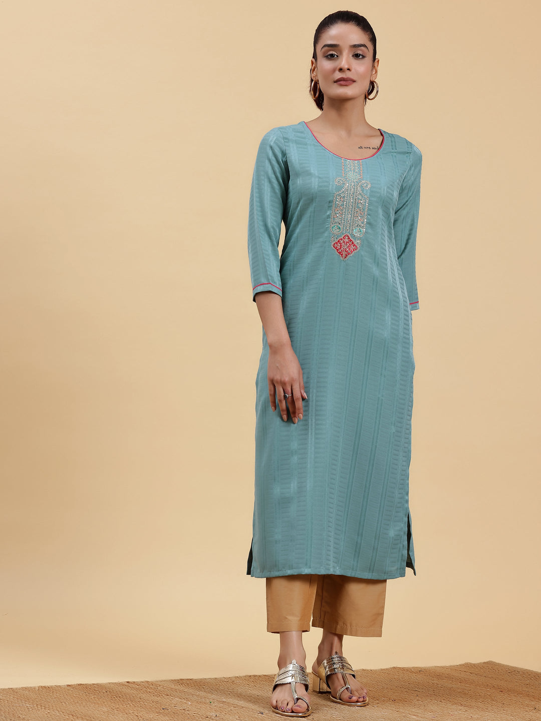 Blue Yoke Design Silk Straight Kurta