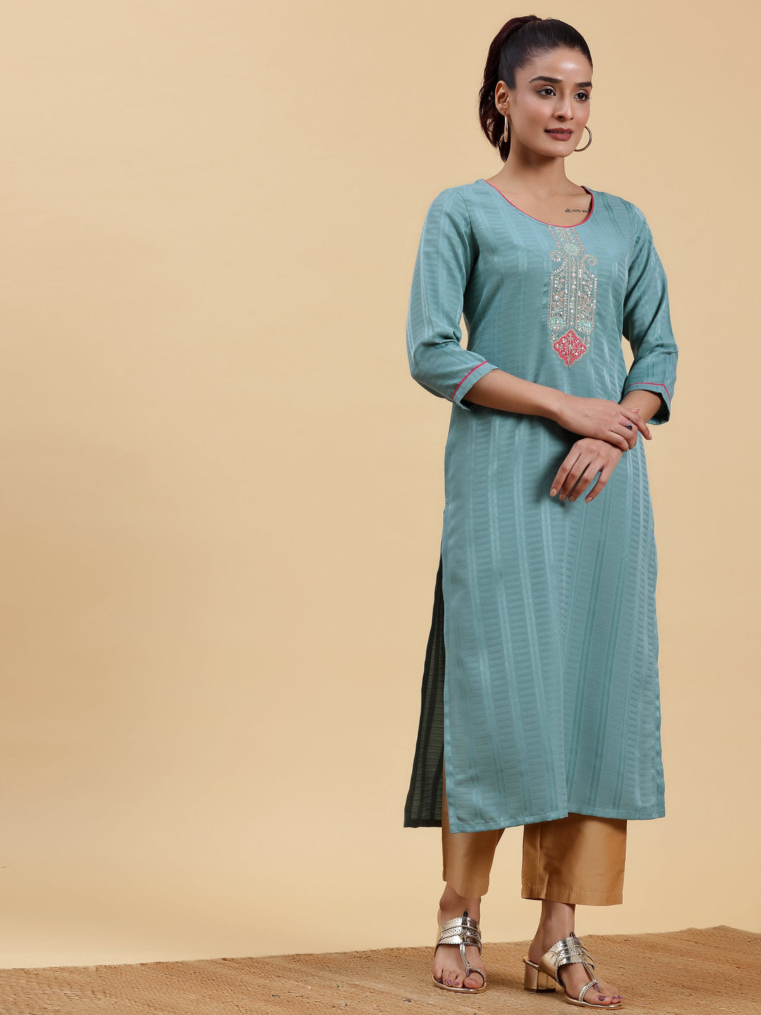 Blue Yoke Design Silk Straight Kurta