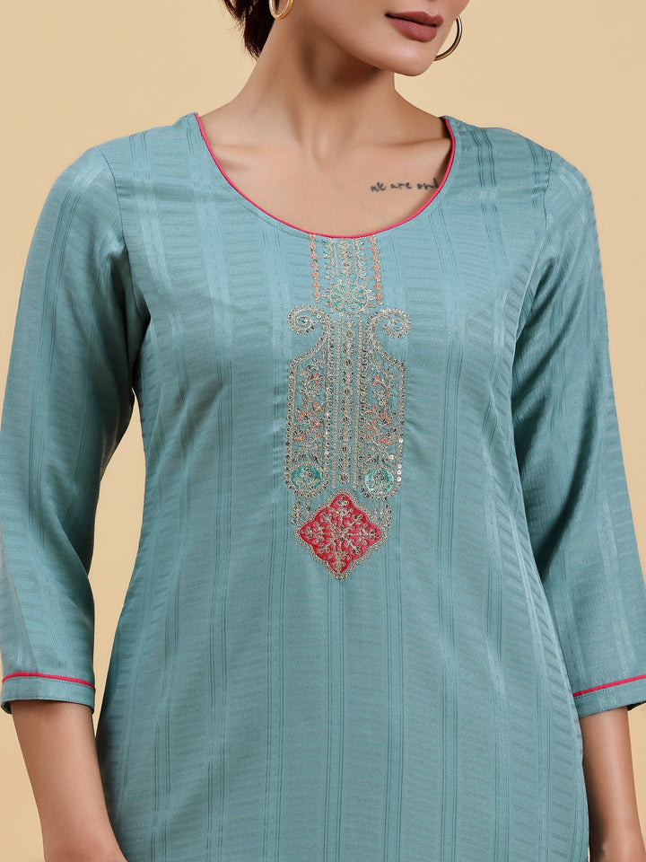 Blue Yoke Design Silk Straight Kurta