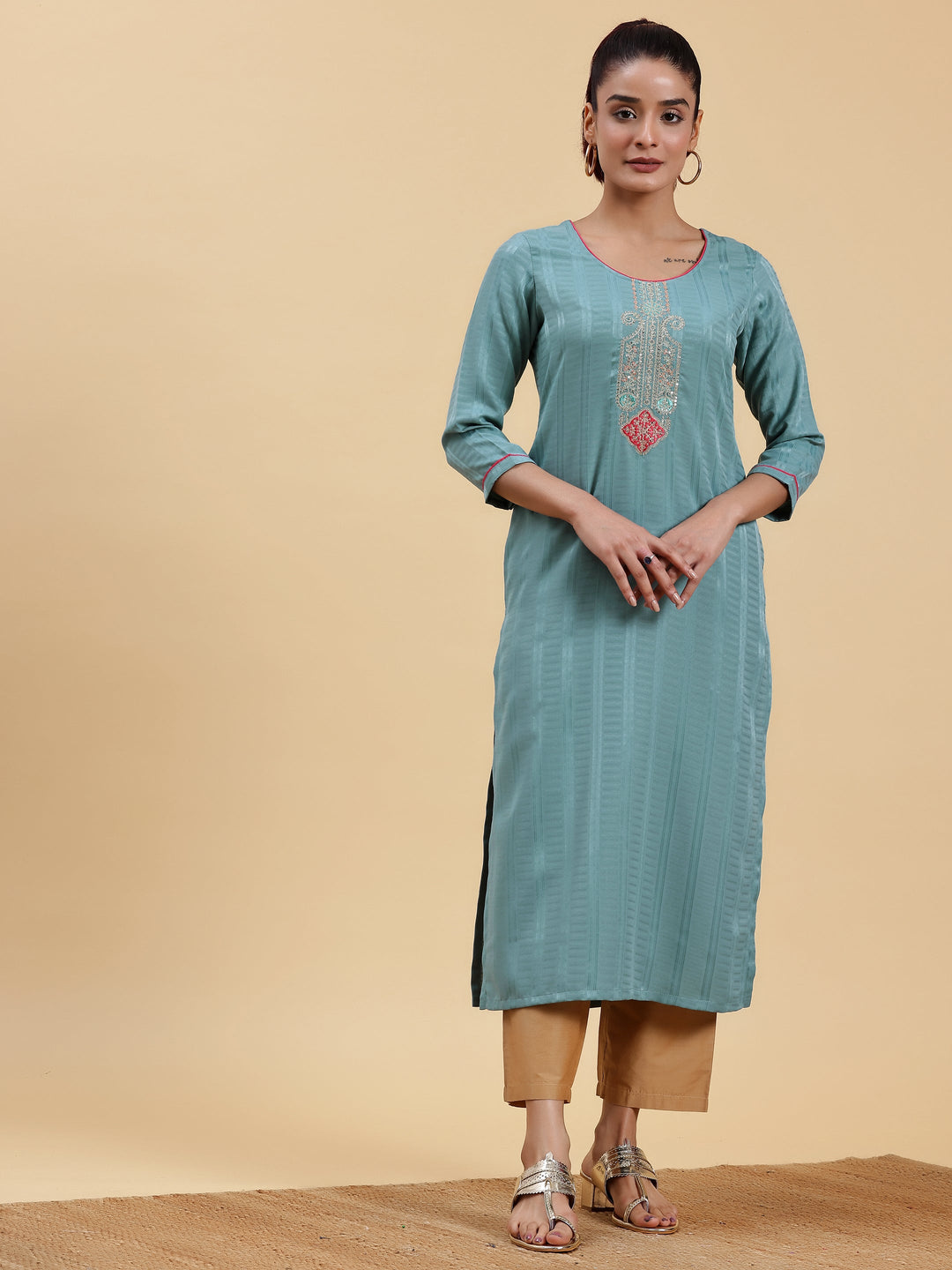 Blue Yoke Design Silk Straight Kurta
