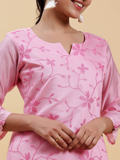 Pink Embroidered Silk Straight Kurta
