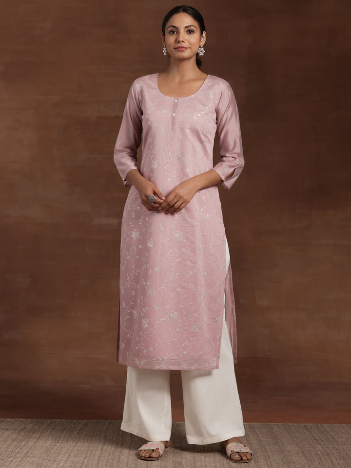 Mauve Embroidered Silk Straight Kurta