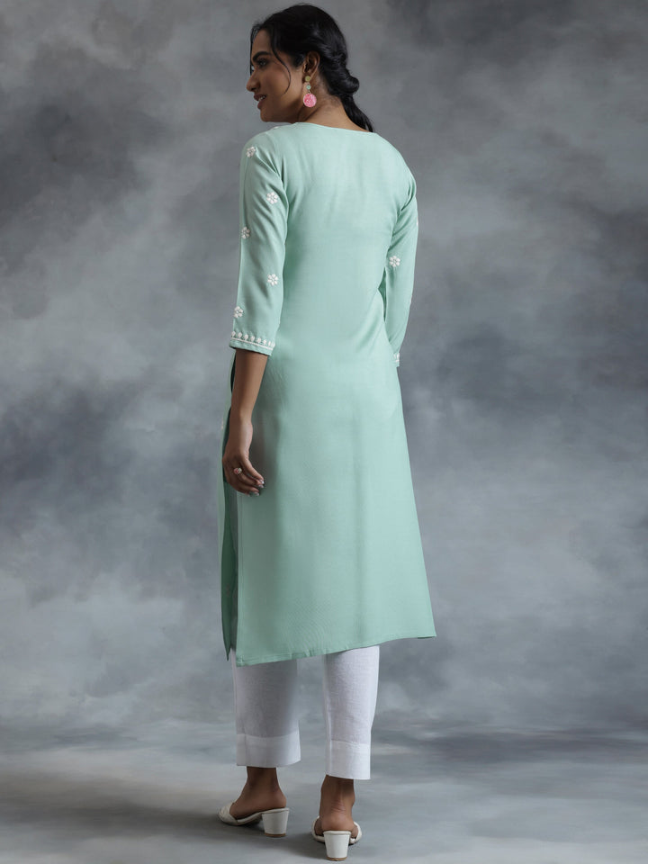 Green Embroidered Rayon Straight Kurta