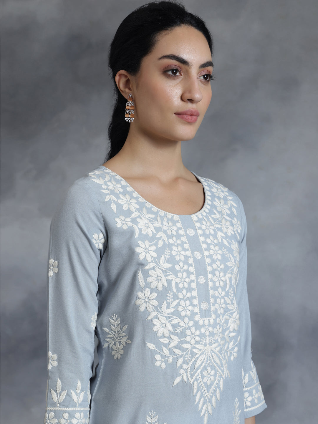 Stone Blue Embroidered Rayon Straight Kurta