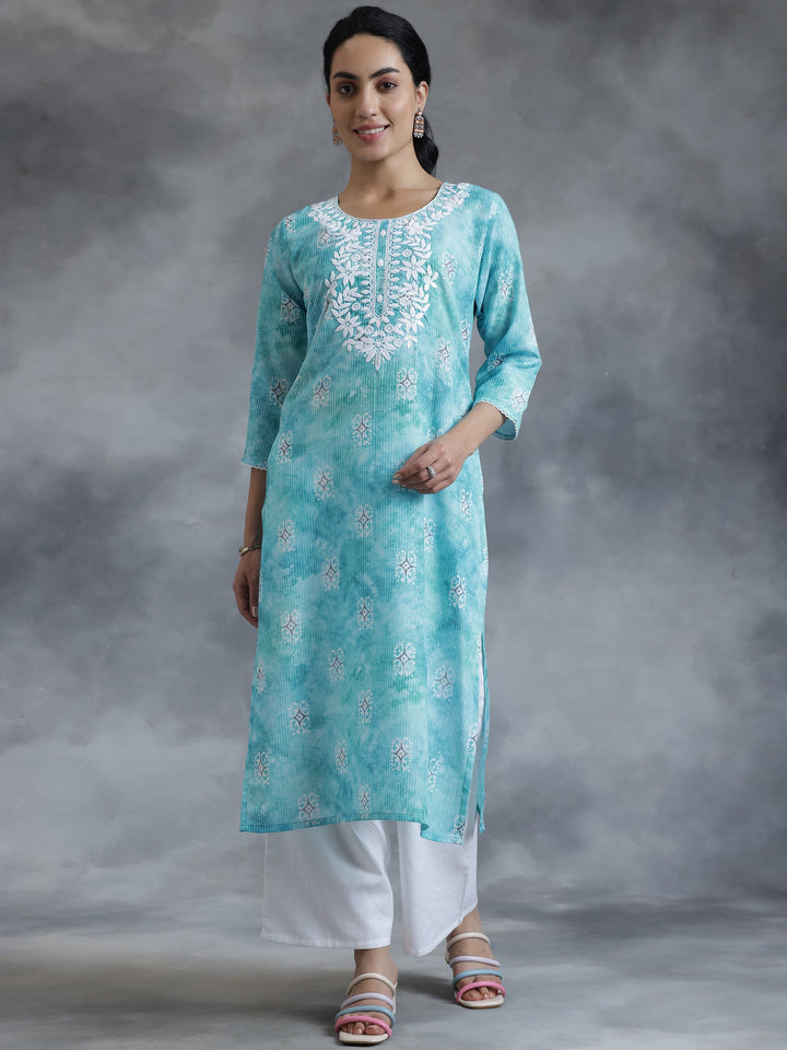 Blue Printed Cotton Straight Kurta
