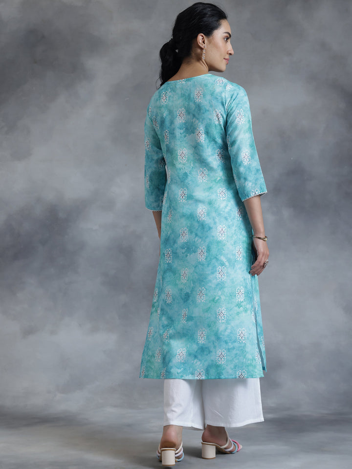 Blue Printed Cotton Straight Kurta