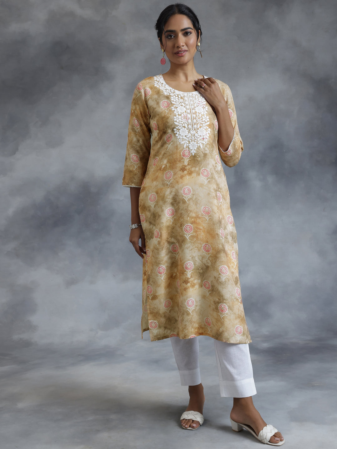 Brown Printed Cotton Straight Kurta