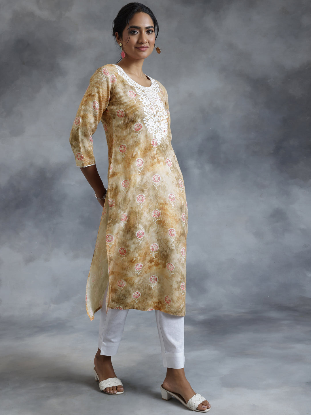 Brown Printed Cotton Straight Kurta