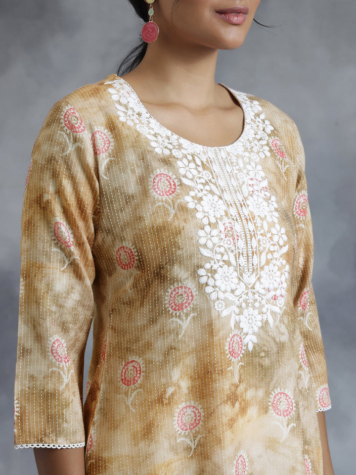 Brown Printed Cotton Straight Kurta