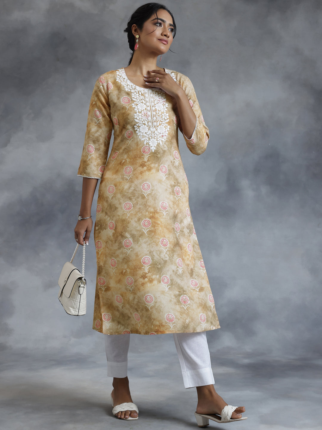 Brown Printed Cotton Straight Kurta