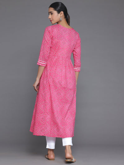 Pink Printed Cotton A-Line Kurta