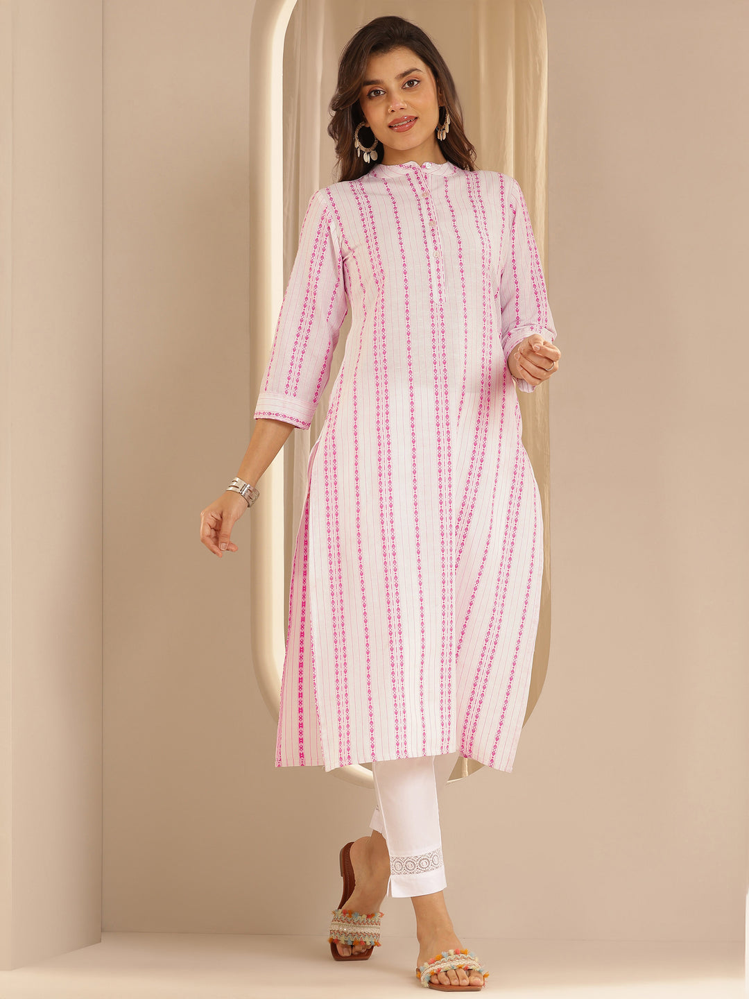 White Woven Design Cotton Straight Kurta
