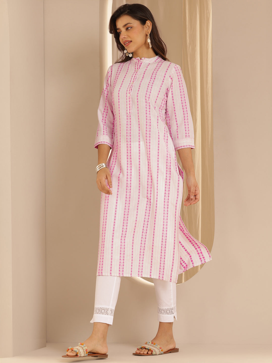 White Woven Design Cotton Straight Kurta