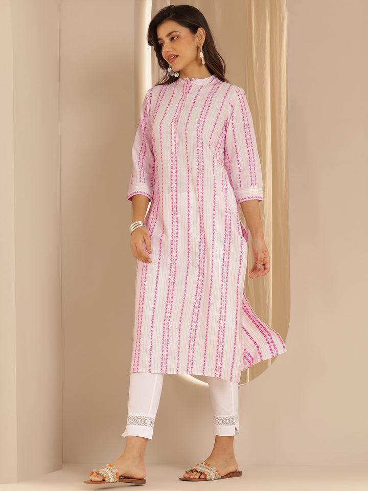 White Woven Design Cotton Straight Kurta